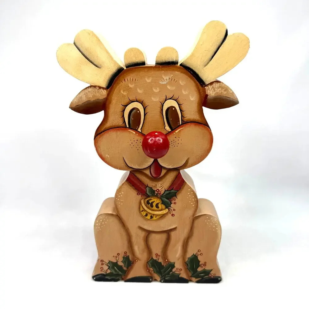 Vintage Hand Painted Wooden Reindeer Musical Christmas Decoration